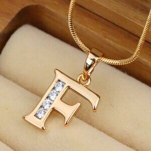 "Rose Gold Letter F Pendant with Crystals – 18K Gold Plated Charm, XPPT1355